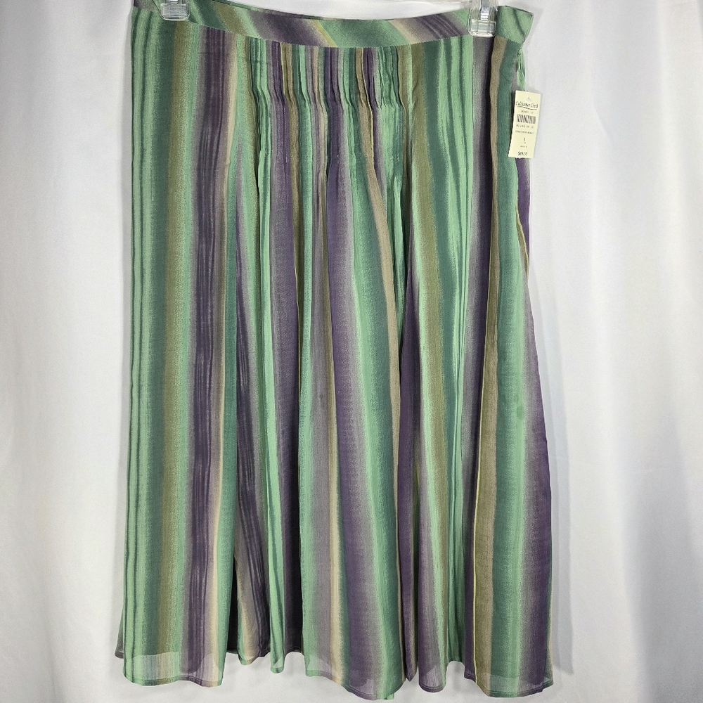 Coldwater Creek NWT Green Purple Multi Striped Pintuck Midi Skirt Size Large
